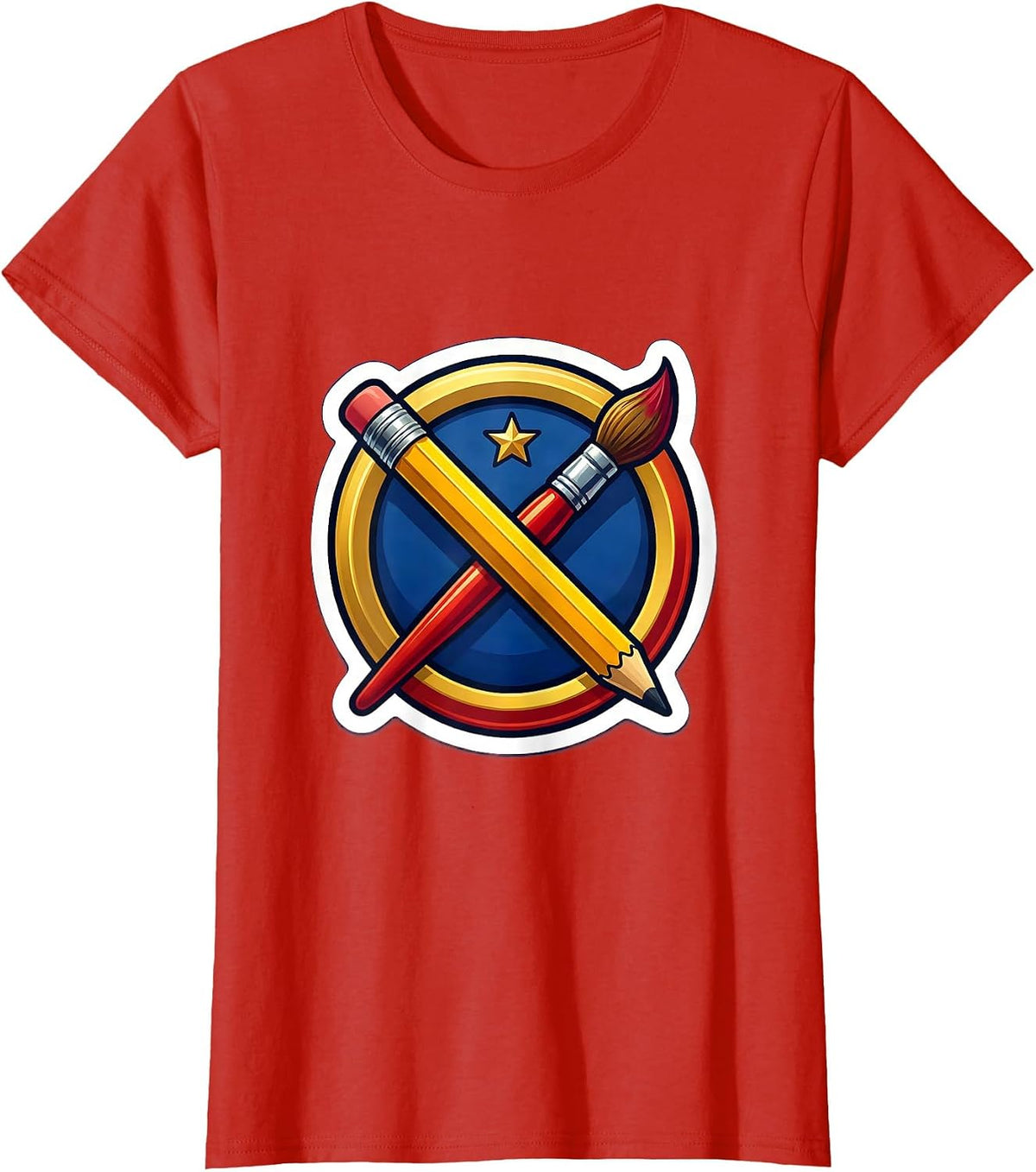 Pencil and Paintbrush Crossed Like Swords Art T-Shirt - Red