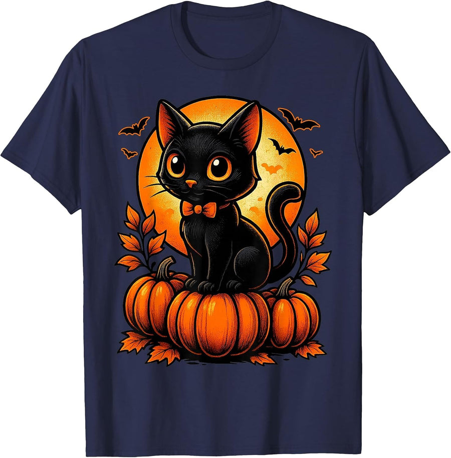 Retro Black Cat Halloween Pumpkin Costume for Women Men Kids T-Shirt - Navy Blue