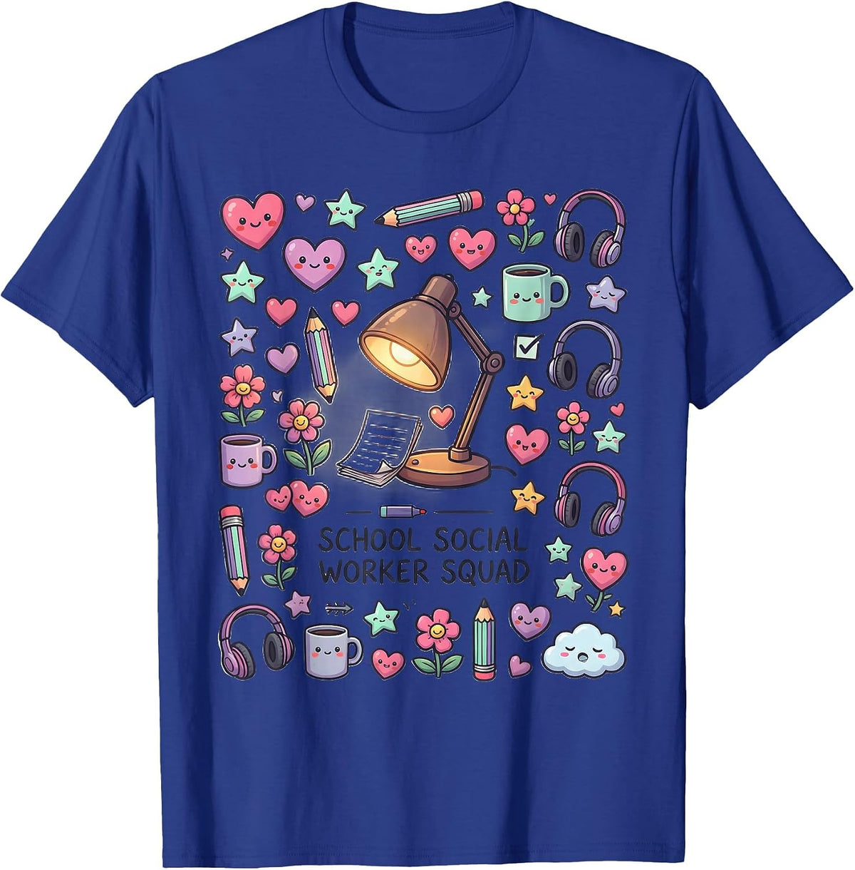 School Social Worker Squad Kawaii Stationery Doodle Staff T-Shirt - Royal Blue