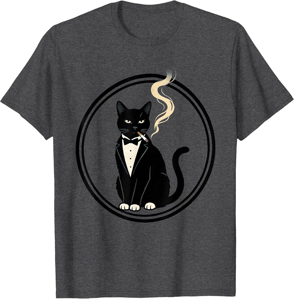 Tuxedo Cat Smoking a Ring of Smoke Art T-Shirt - Dark Heather Grey