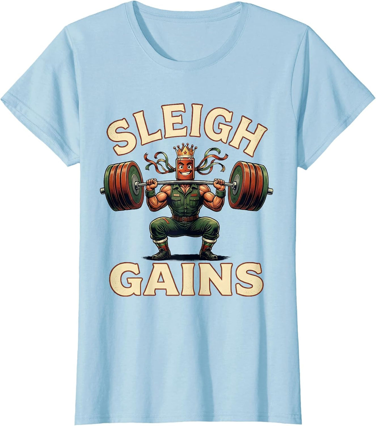 Sleigh Gains Vintage Funny Christmas Gym Workout T-Shirt - Baby Blue