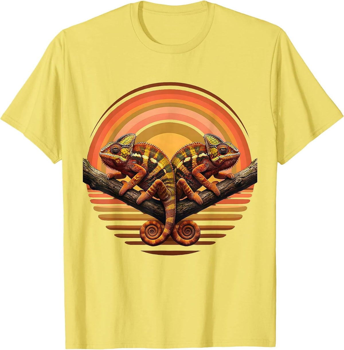 Men's Twin Day Matching Chameleons on a Branch Design T-Shirt - Lemon Yellow
