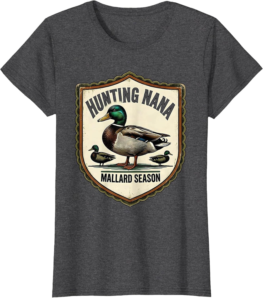 Women's HUNTING NANA MALLARD SEASON Vintage Duck Hunting Gift T-Shirt - Dark Heather Grey