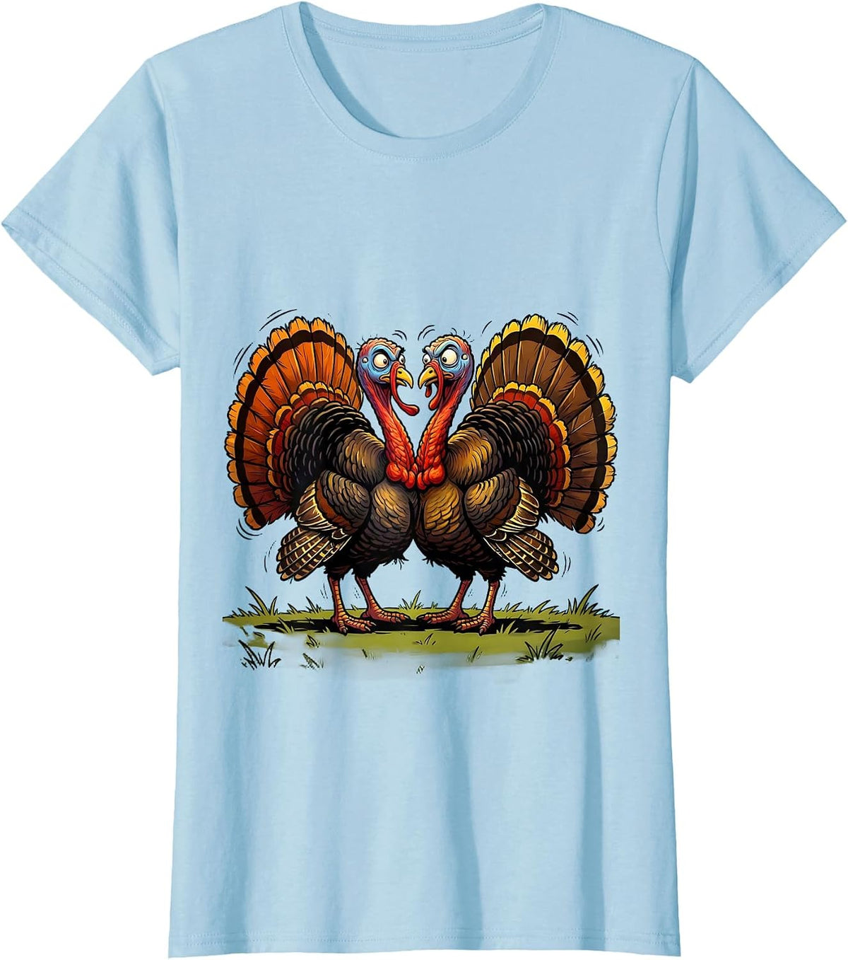 Women's Two Turkeys Face Off Standoff Illustration T-Shirt - Baby Blue