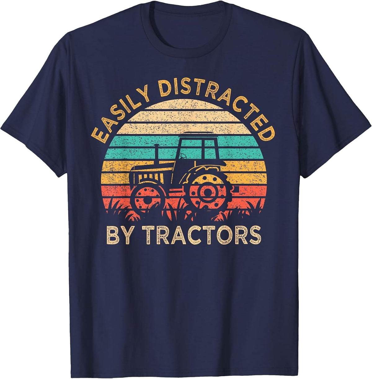 Vintage Easily Distracted by Tractors Fun Farming T-Shirt - Navy Blue