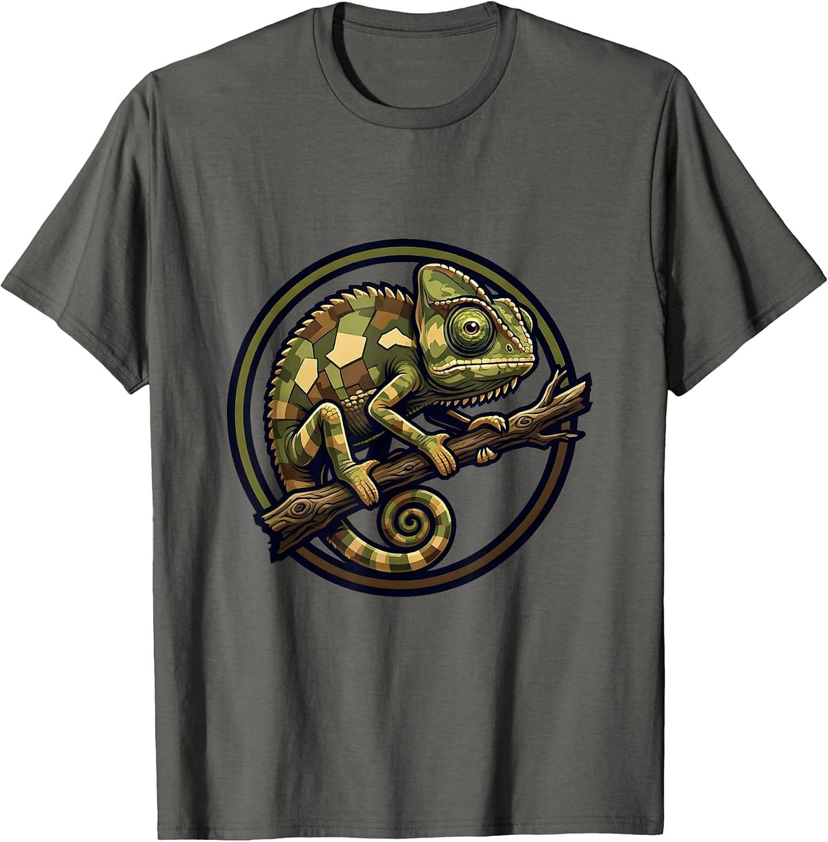 Camouflaged Chameleon on Tree Branch Camo Art T-Shirt - Asphalt Grey