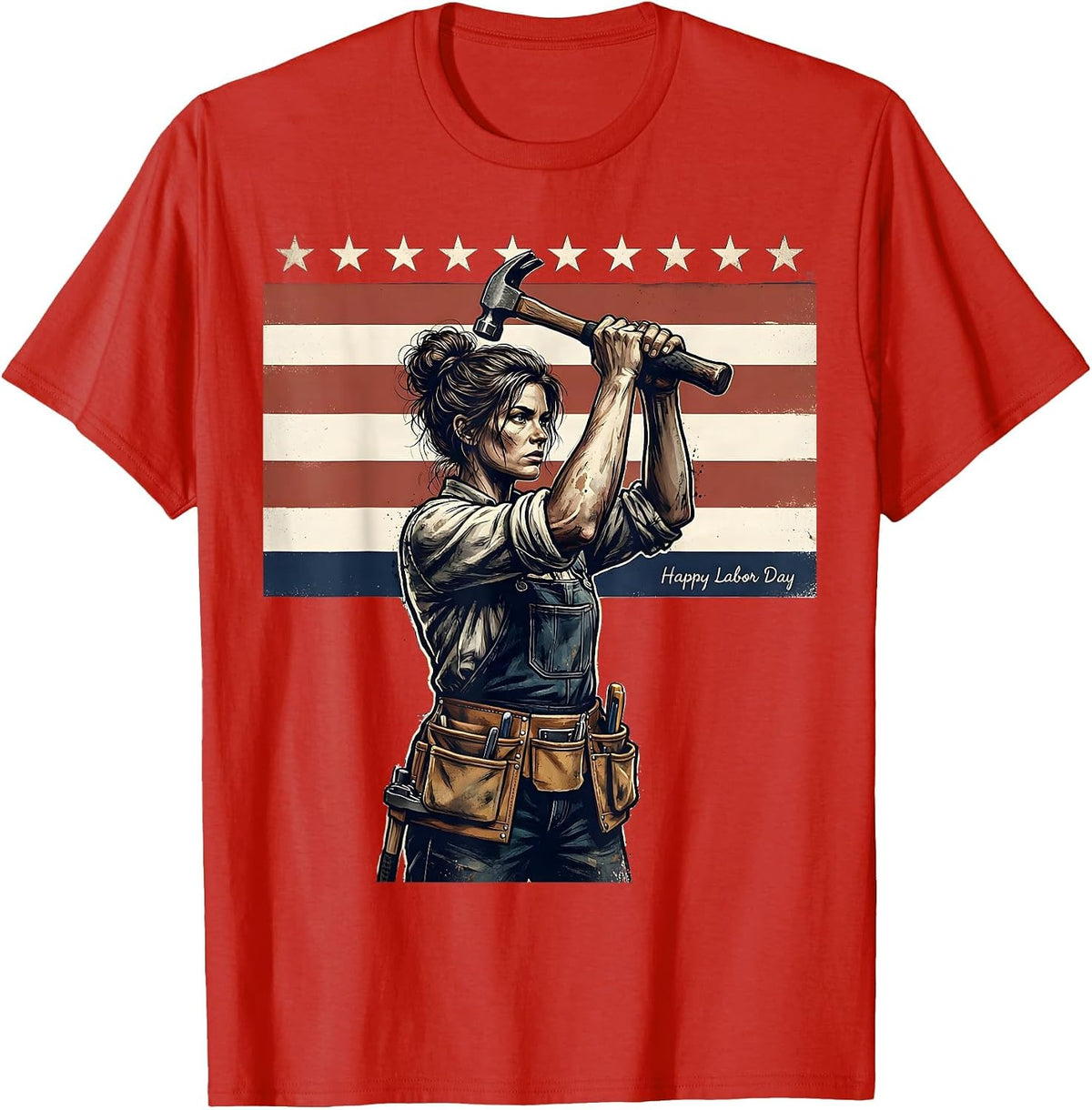 Men's Happy Labor Day Distressed Patriotic Woman Messy Bun Holiday T-Shirt - Red