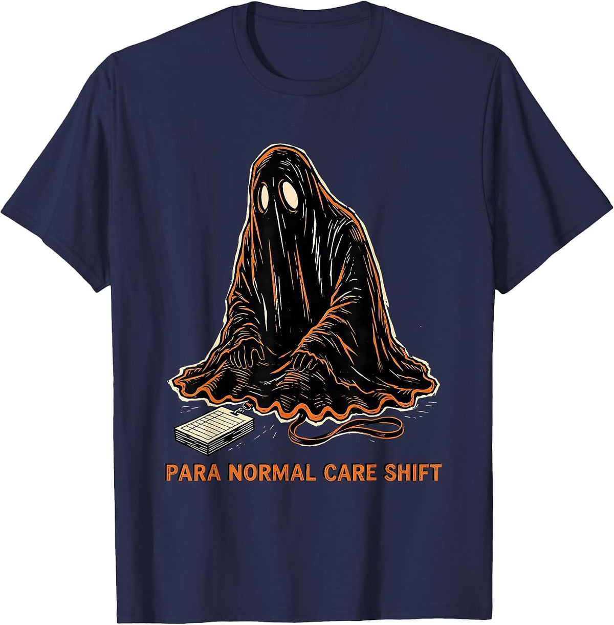 Men's Para Normal Care Shift Linocut Ghost Paraeducator Halloween T-Shirt - Navy Blue