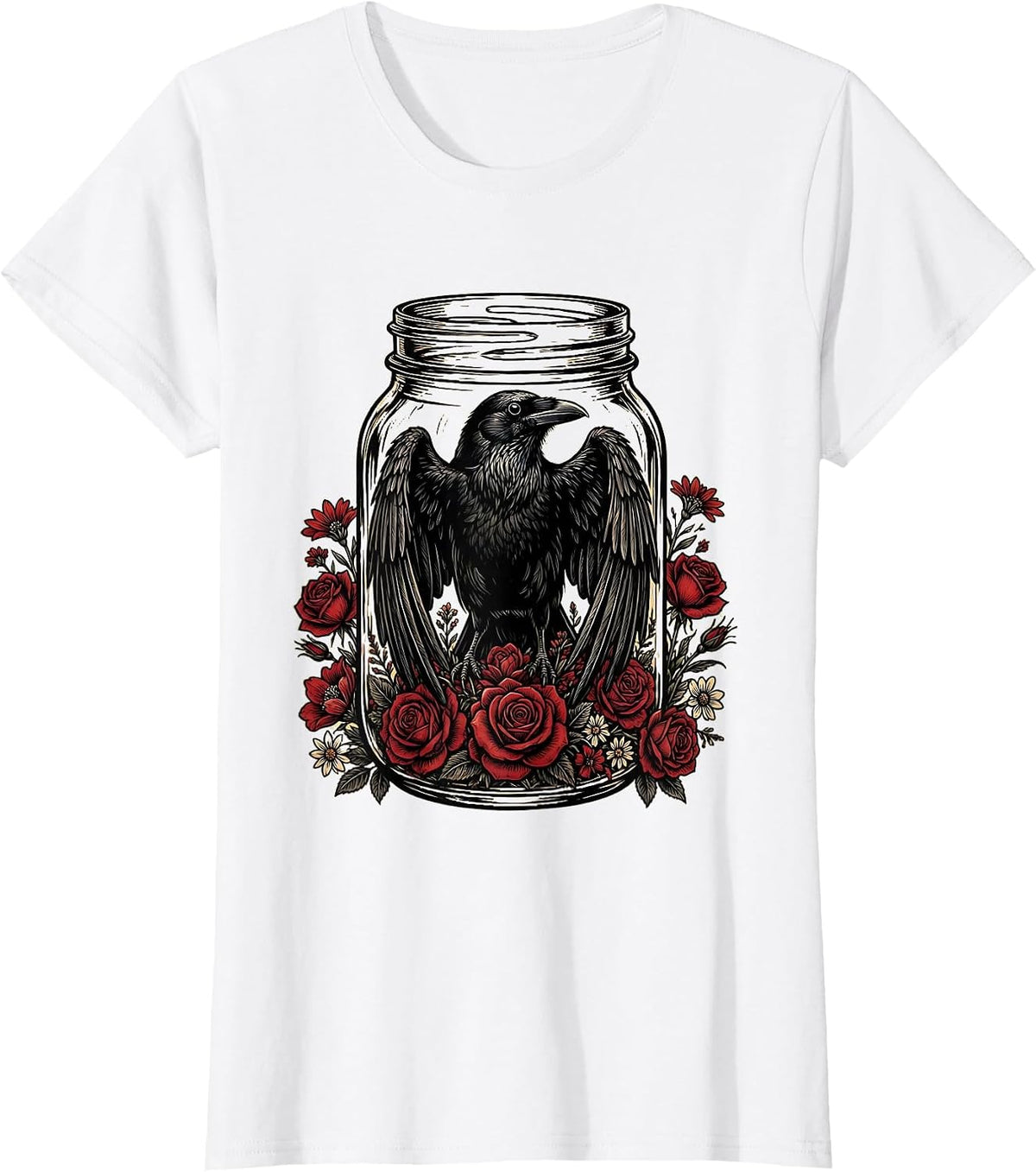 Crow in a Mason Jar with Flowers Illustration T-Shirt - White