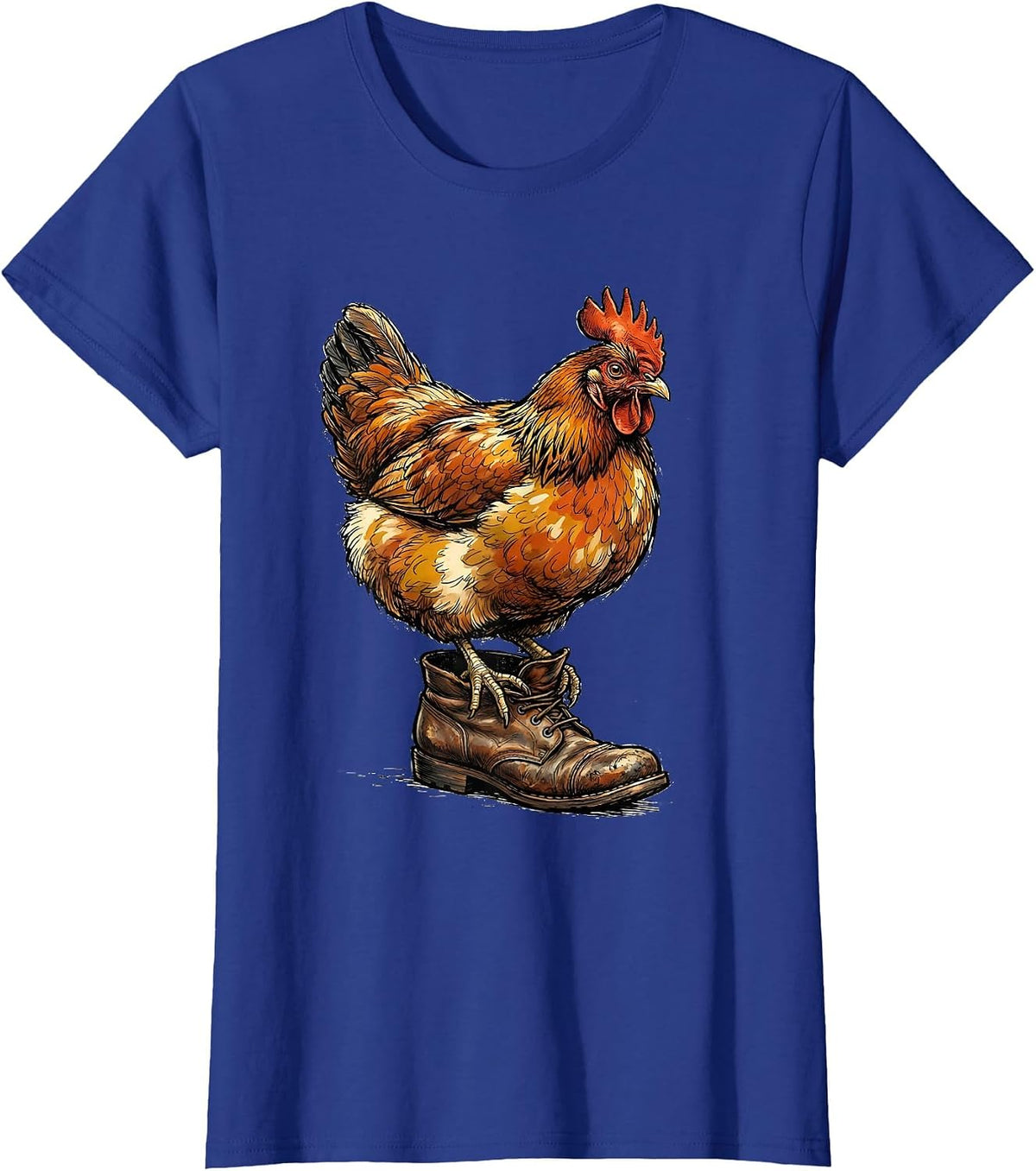 Women's Puffed Hen On Boot Funny Chicken Lover Farm Humor T-Shirt - Royal Blue