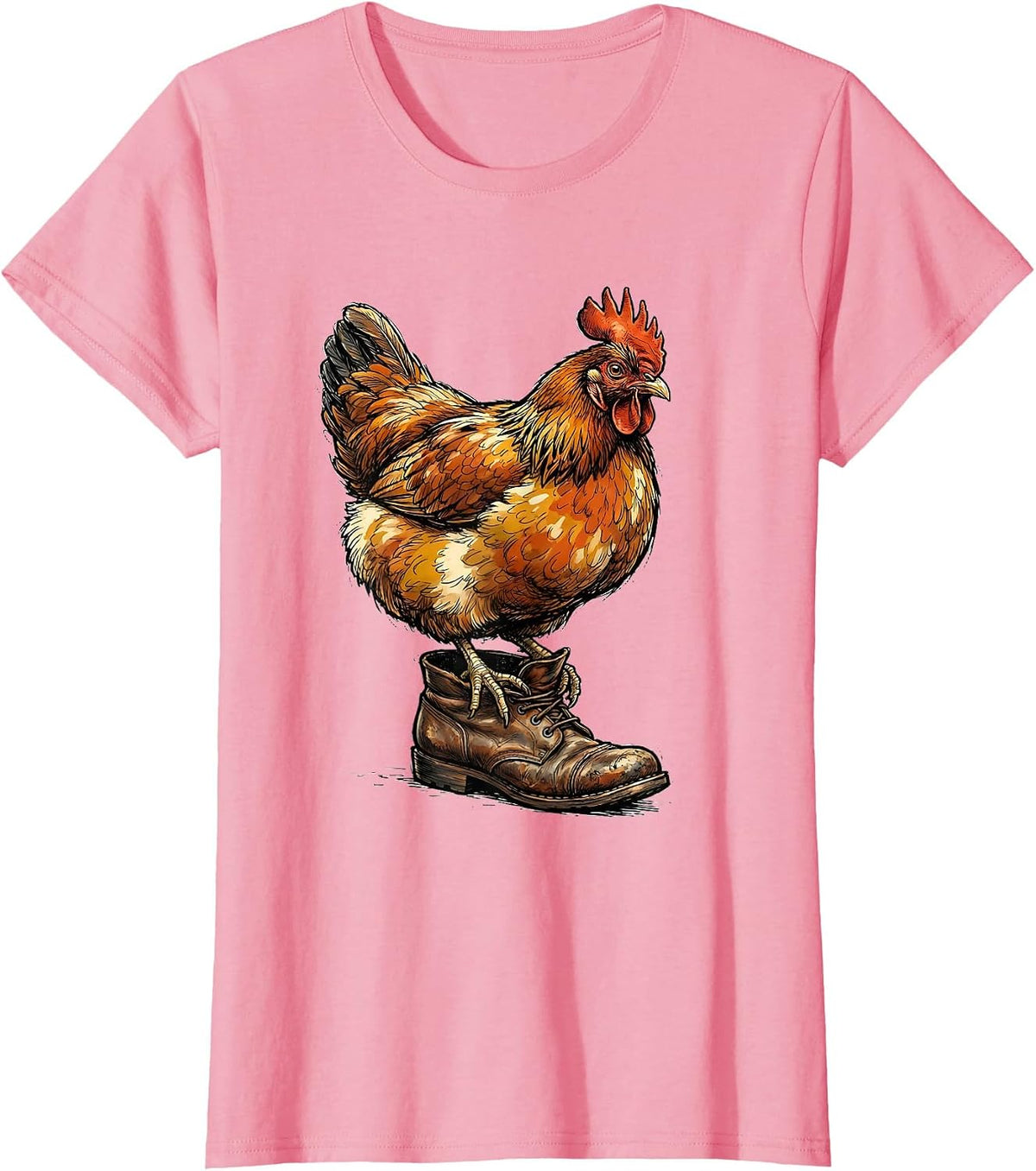 Women's Puffed Hen On Boot Funny Chicken Lover Farm Humor T-Shirt - Pink