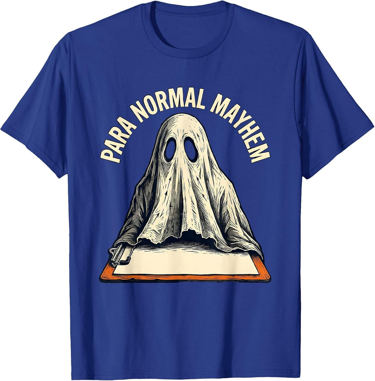 Men's Para Normal Mayhem Linocut Ghost Paraeducator Halloween T-Shirt - Royal Blue