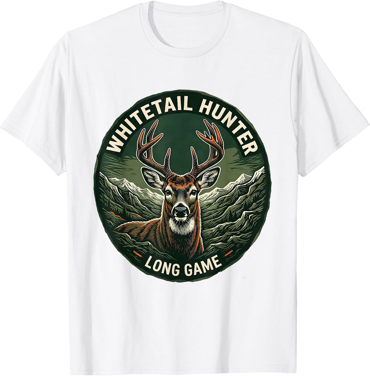 Men's Whitetail Hunter Long Game Linocut Camo Dad Hunting T-Shirt - White