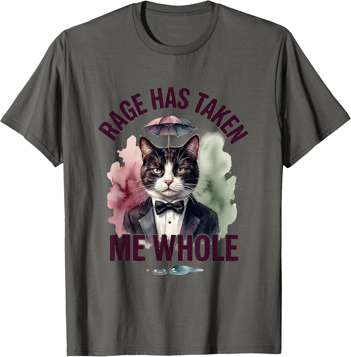 Rage Has Taken Me Whole Watercolor Tuxedo Cat Meme Humor T-Shirt - Asphalt Grey