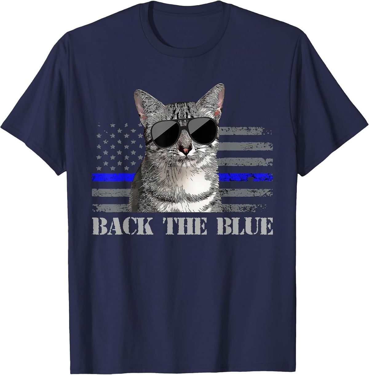 Back the Blue Police Cat Thin Blue Line American Flag T-Shirt - Navy Blue