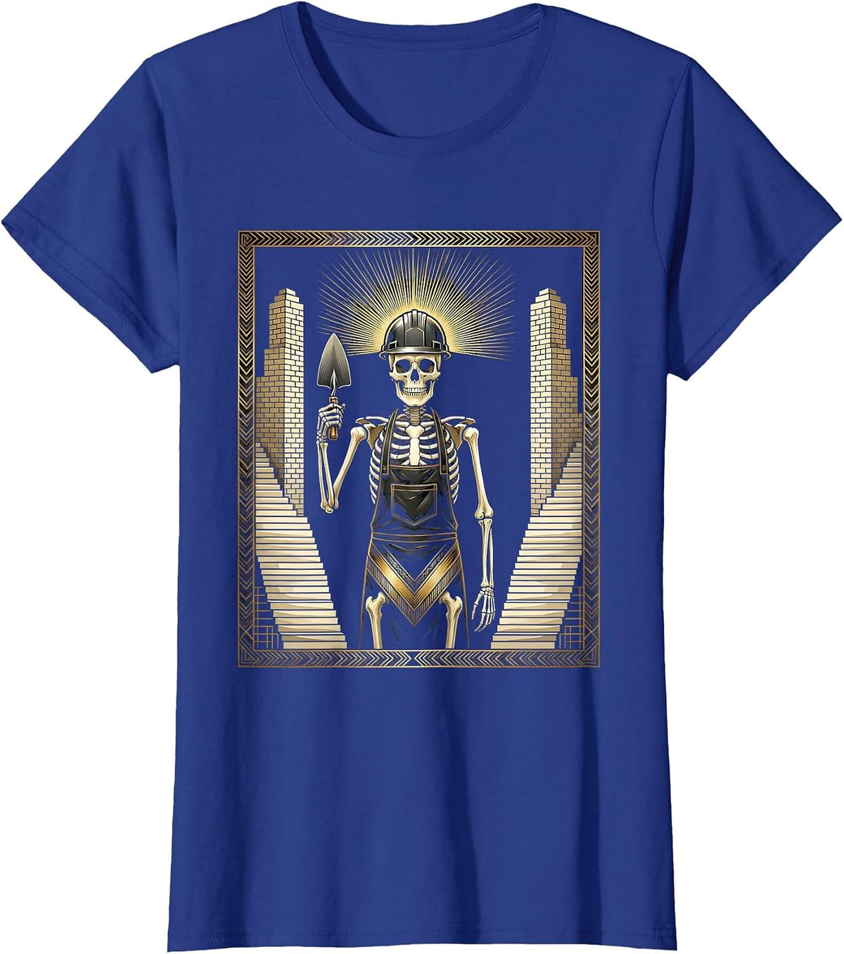 Women's Skeleton Mason Laying Bricks at Midnight T-Shirt - Royal Blue