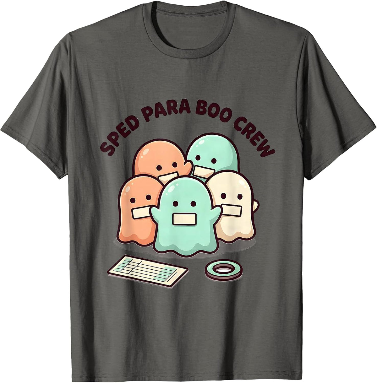 Men's SPED Para Boo Crew Cute Kawaii Ghost Halloween Paraeducator T-Shirt - Asphalt Grey