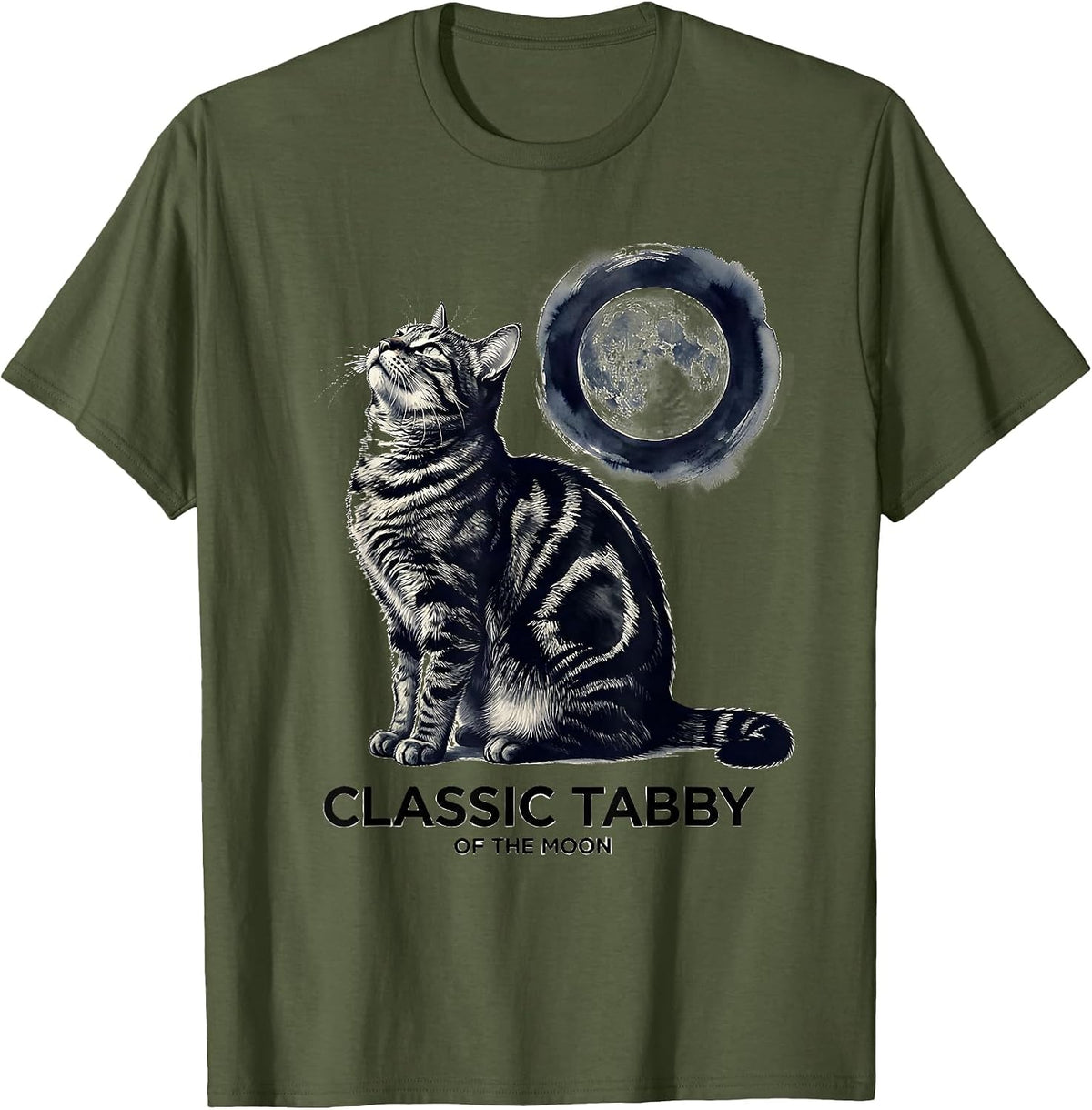Classic Tabby Of The Moon Ink Brush Cat Lover Retro Humor T-Shirt - Olive Green