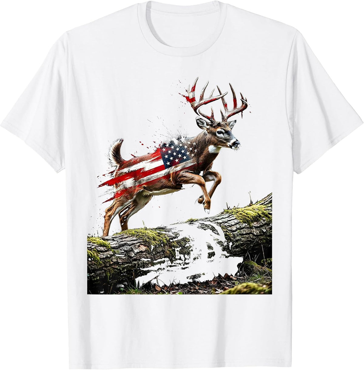 Men's Camo Whitetail Buck Leaping Over Fallen Log T-Shirt - White
