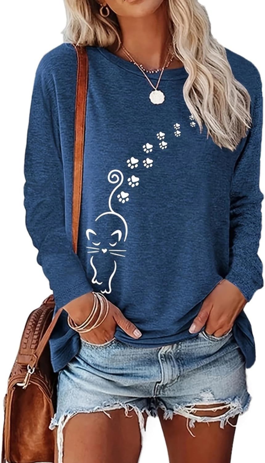 Women's Long Sleeve tees Cat Mom Graphic Tee Shirts Pullover Tops - Navy