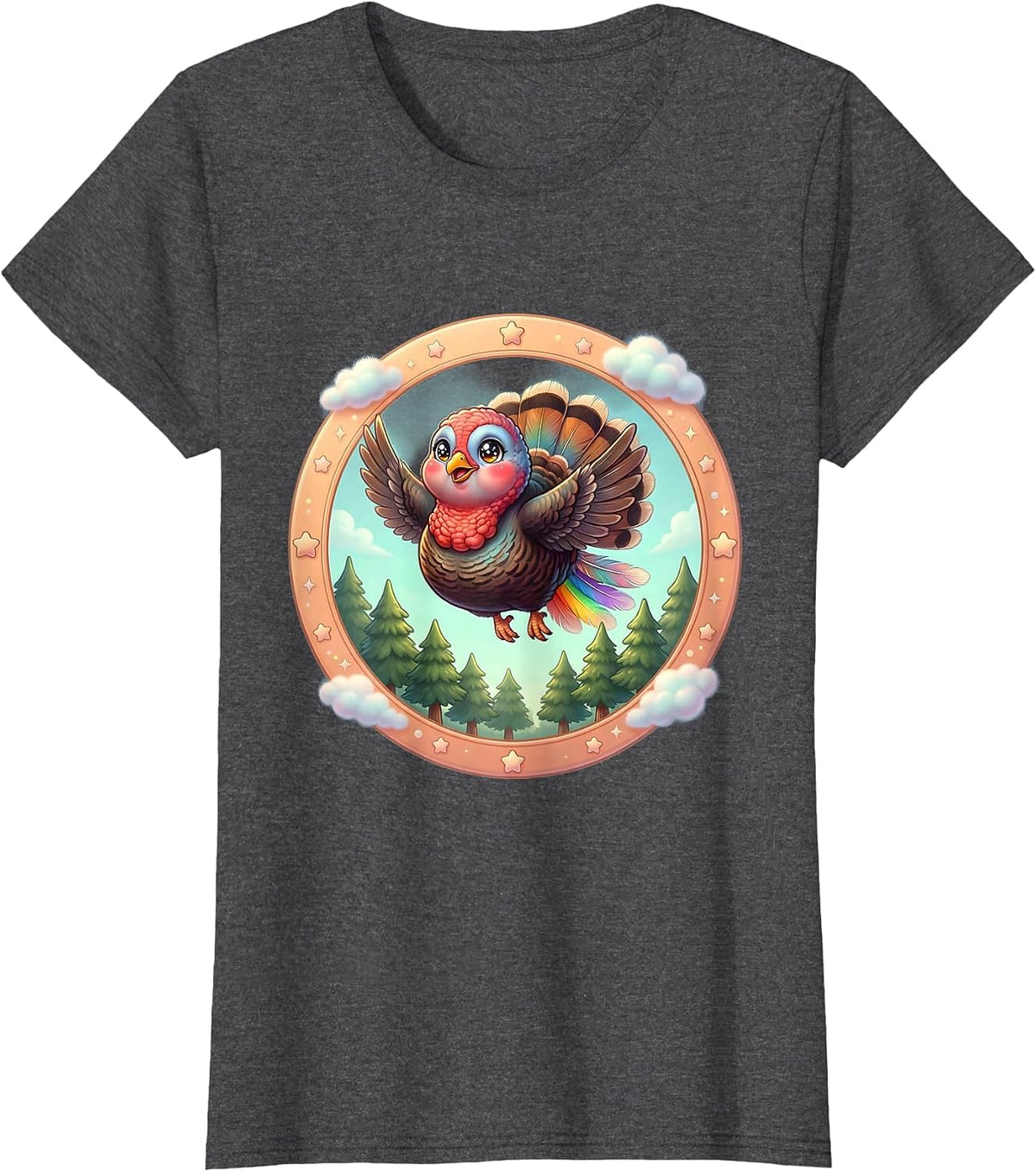 Women's Wild Turkey in Flight Over Pine Trees Graphic T-Shirt - Dark Heather Grey