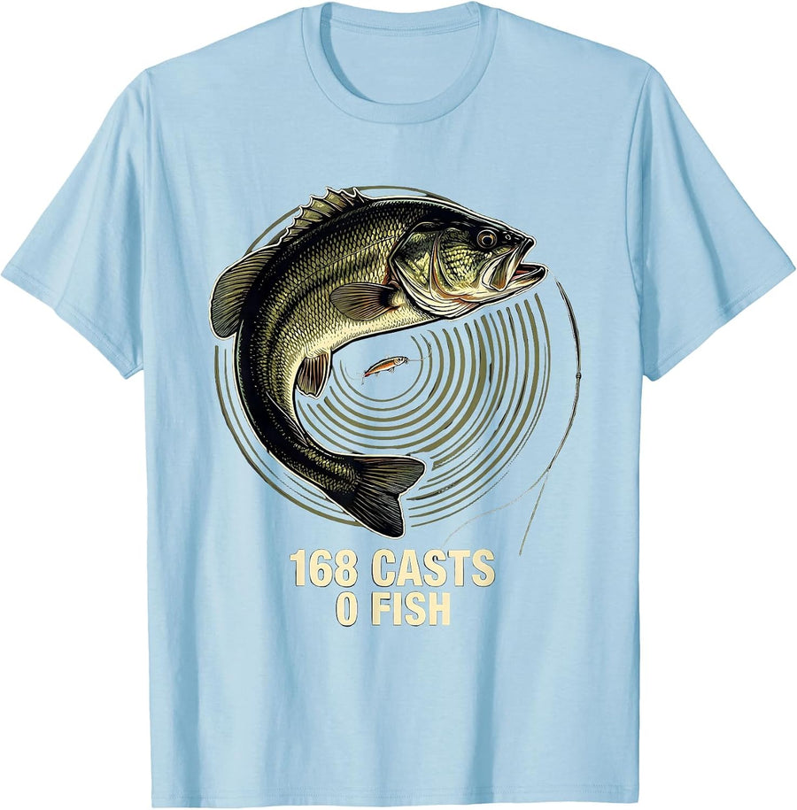 Men's 168 Casts 0 Fish Funny Bass Fishing Humor T-Shirt - Baby Blue