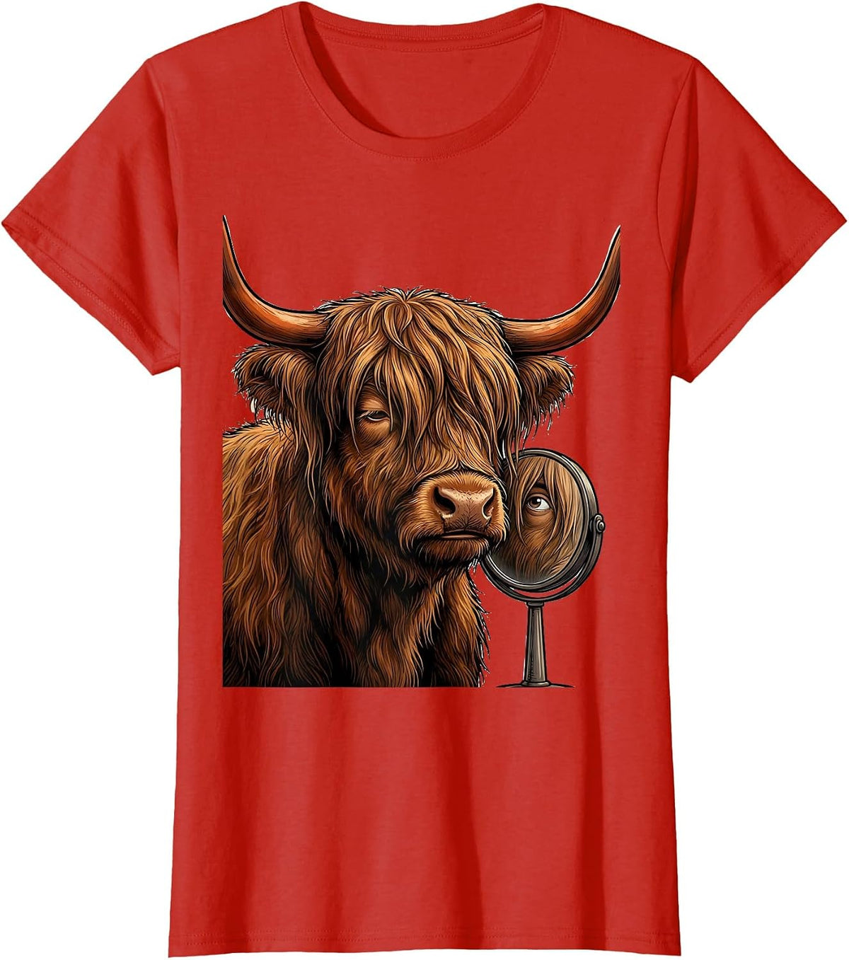 Women's Cartoon Highland Cow Mirror Funny Cow Lover Graphic T-Shirt - Red