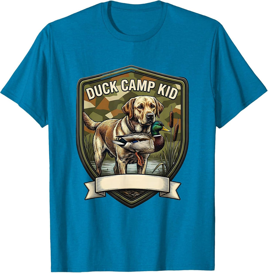 Duck Camp Kid Camo Hunting Dog Waterfowl Youth Outdoor T-Shirt - Sapphire Blue