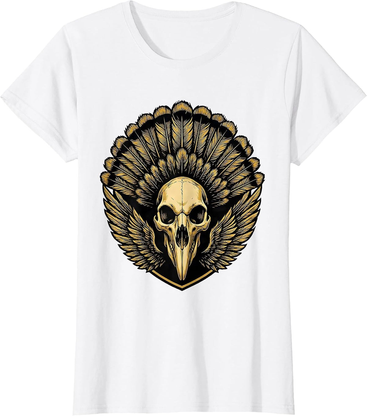 Turkey Skull with Feather Headdress Illustration T-Shirt - White