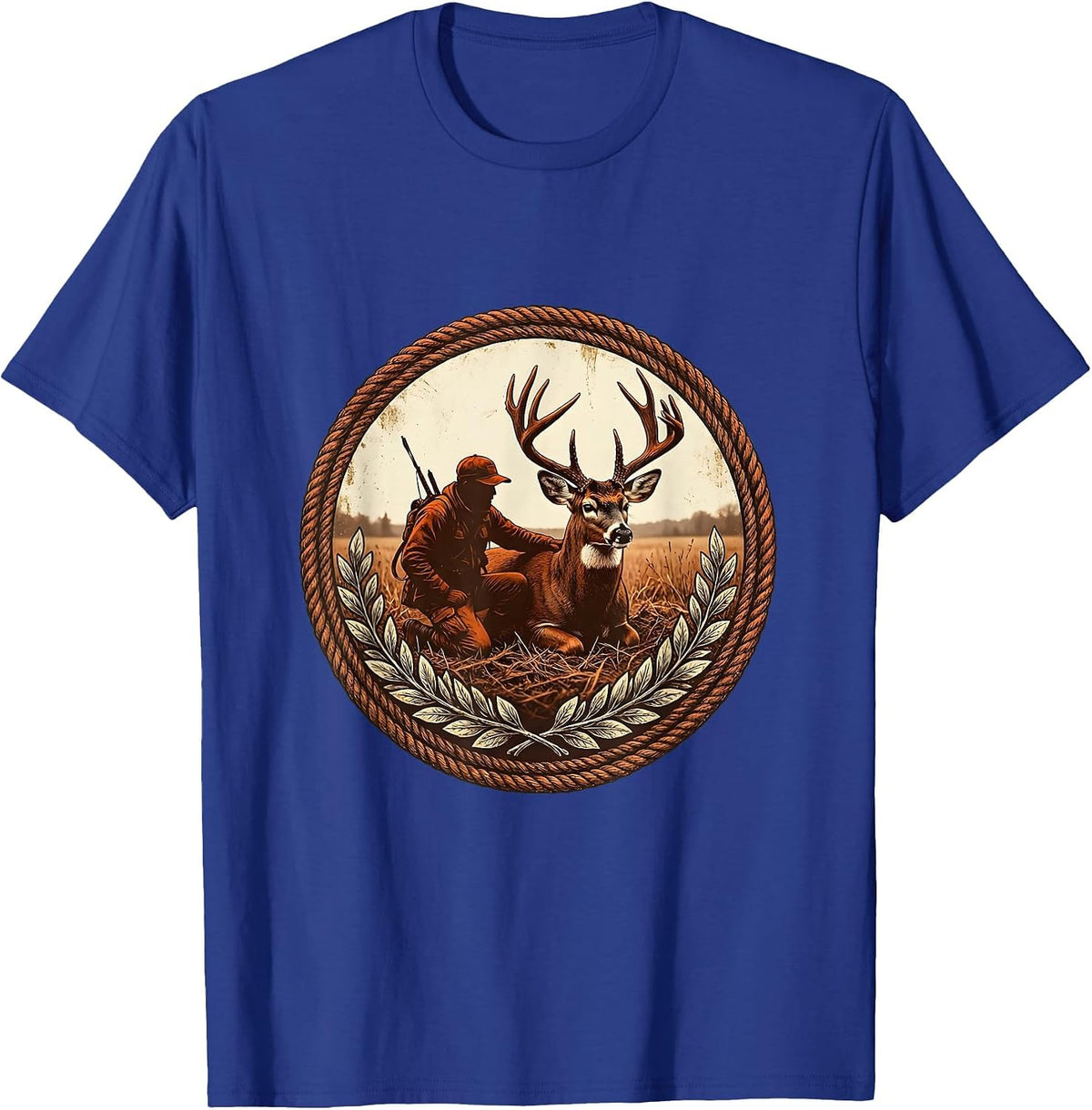 Hunter Kneeling With Harvested Whitetail Buck T-Shirt - Royal Blue