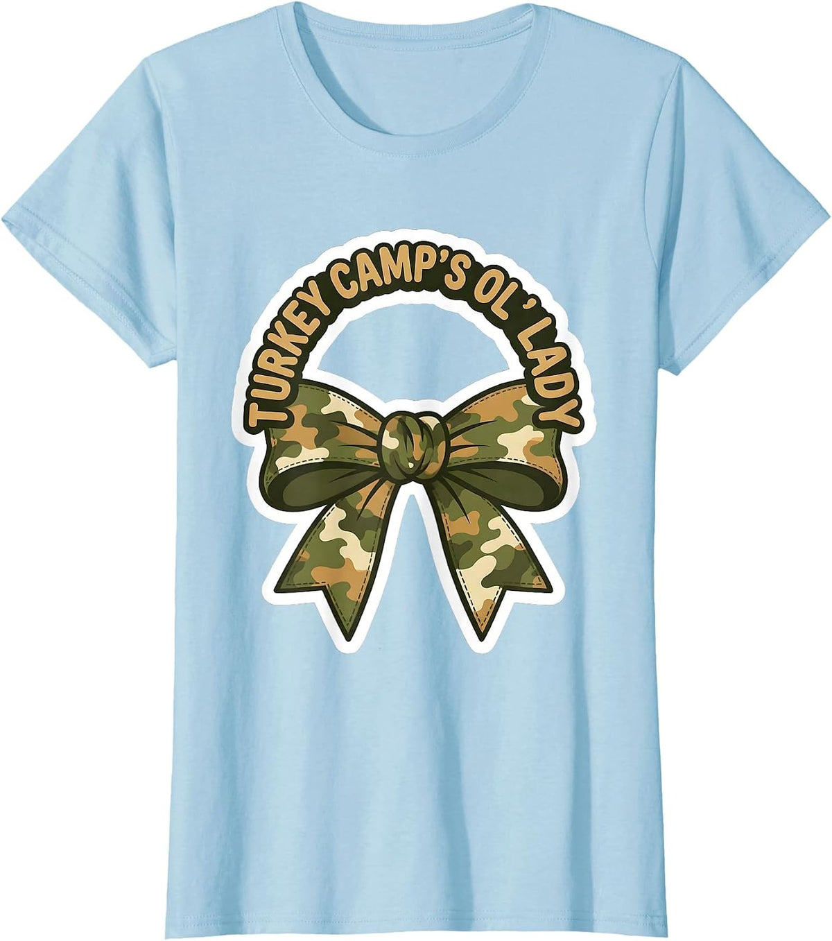 Turkey Camp's Ol' Lady Camo Bow Hunting Coquette T-Shirt - Baby Blue
