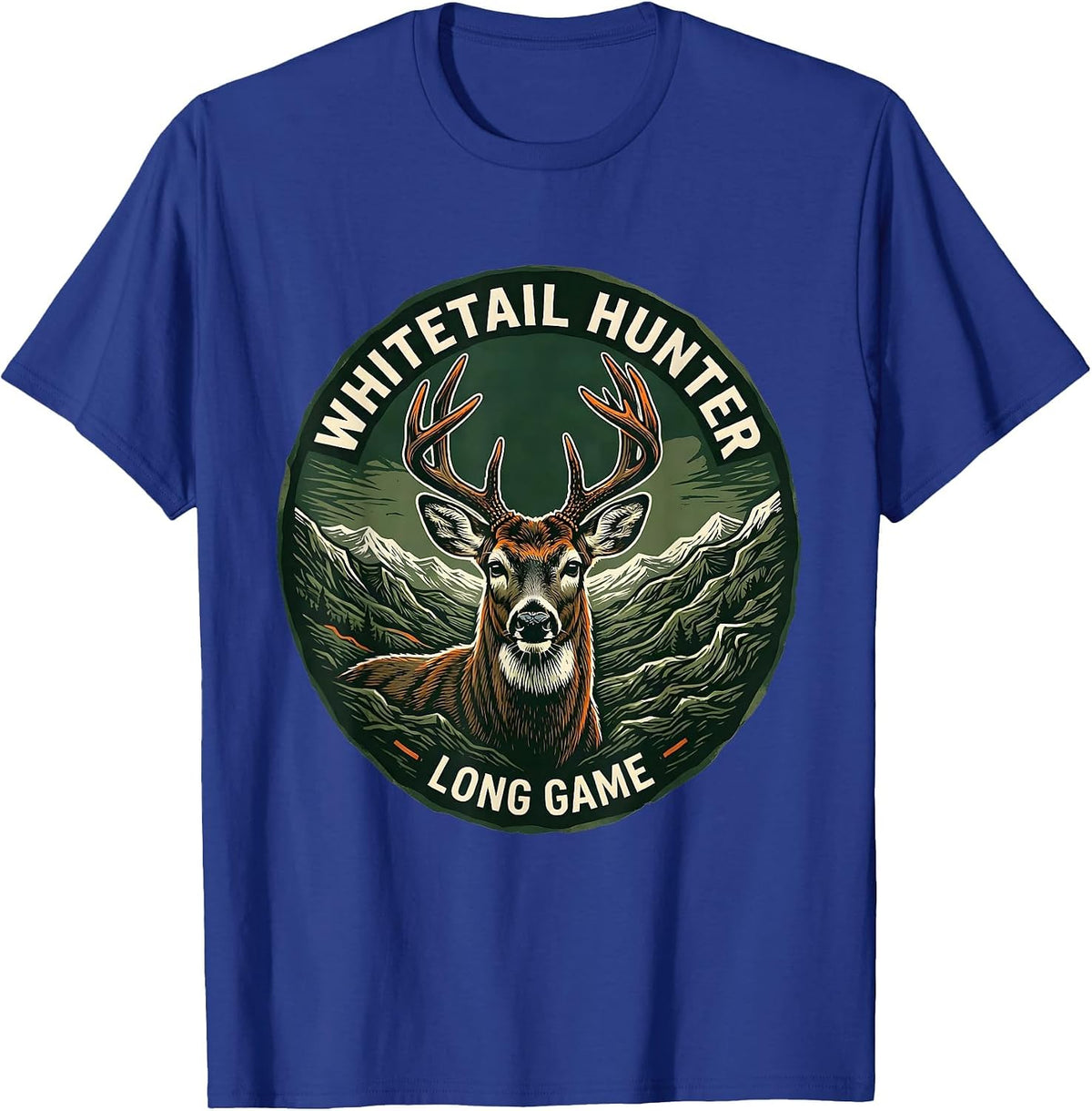 Men's Whitetail Hunter Long Game Linocut Camo Dad Hunting T-Shirt - Royal Blue