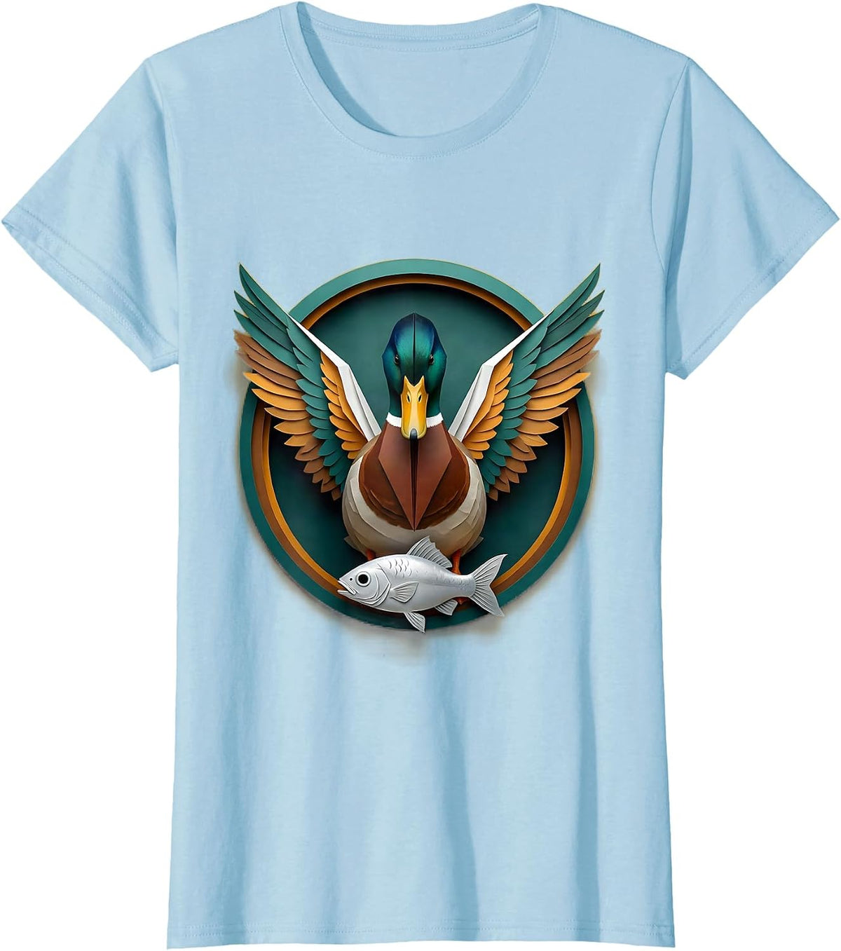 Duck With Wings Spread Catching Fish Illustration T-Shirt - Baby Blue