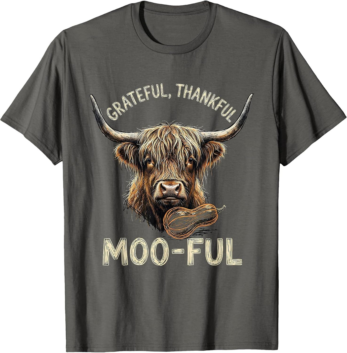 Grateful, Thankful, Moo-ful Funny Highland Cow Farm Animal T-Shirt - Asphalt Grey