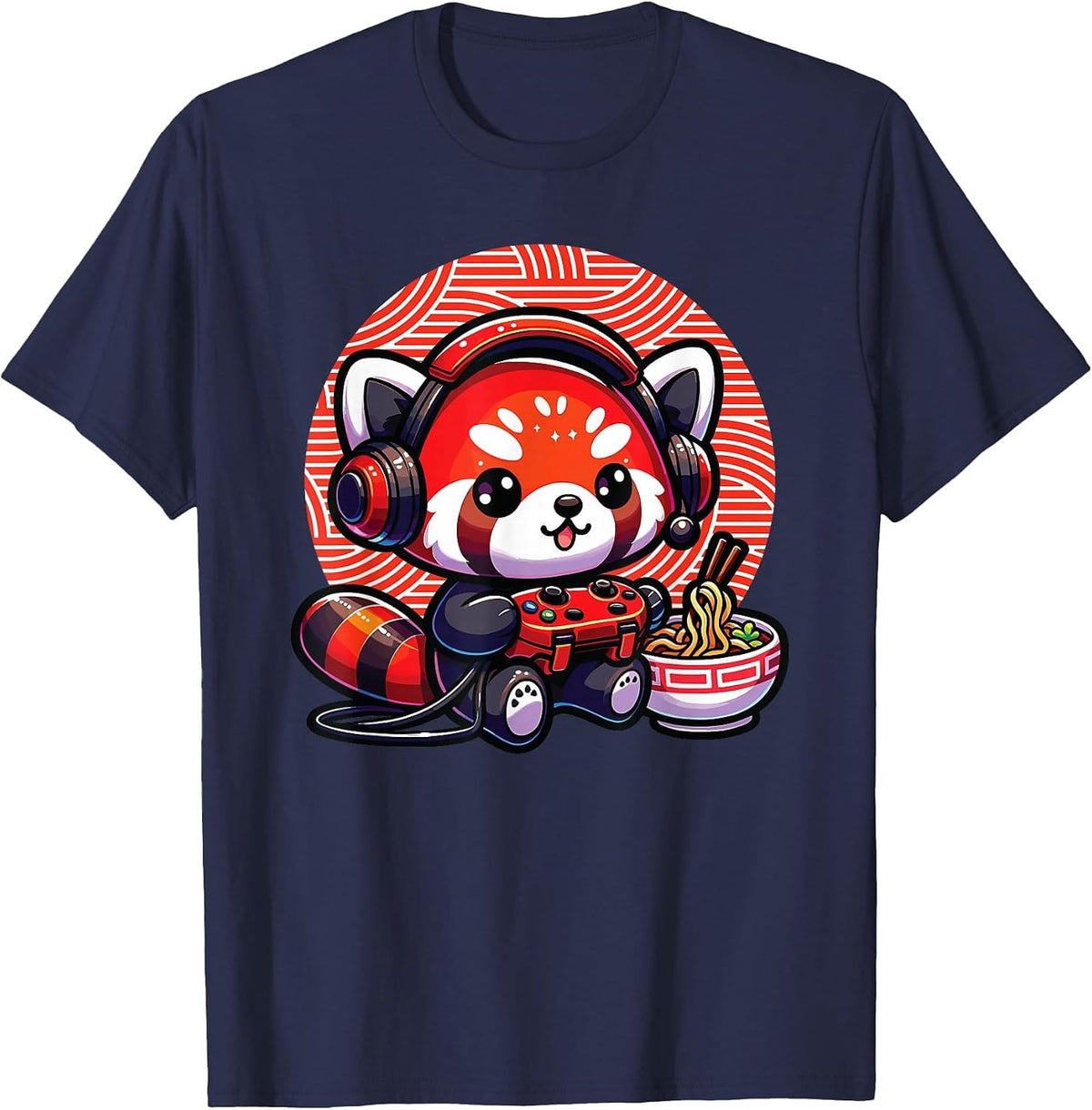 Red Panda Gamer Eating Ramen, Funny Red Panda Gaming T-Shirt - Navy Blue