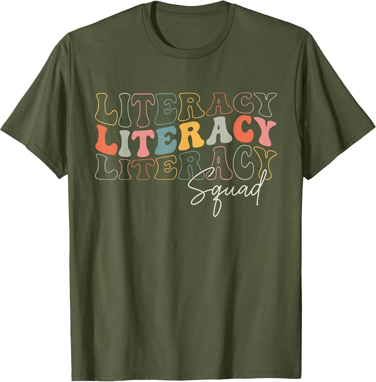 Literacy Squad Groovy Design for Literacy Teacher Students T-Shirt - Olive Green