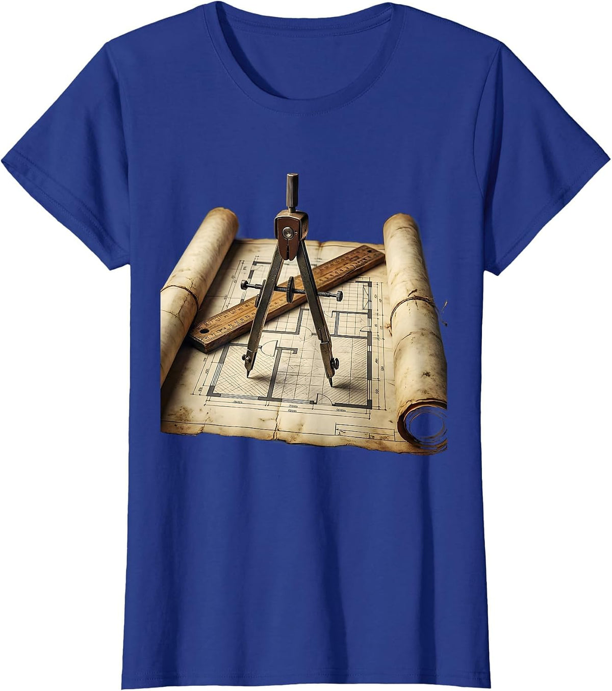 Women's Blueprint Illustration Ruler and Compass Graphic T-Shirt - Royal Blue
