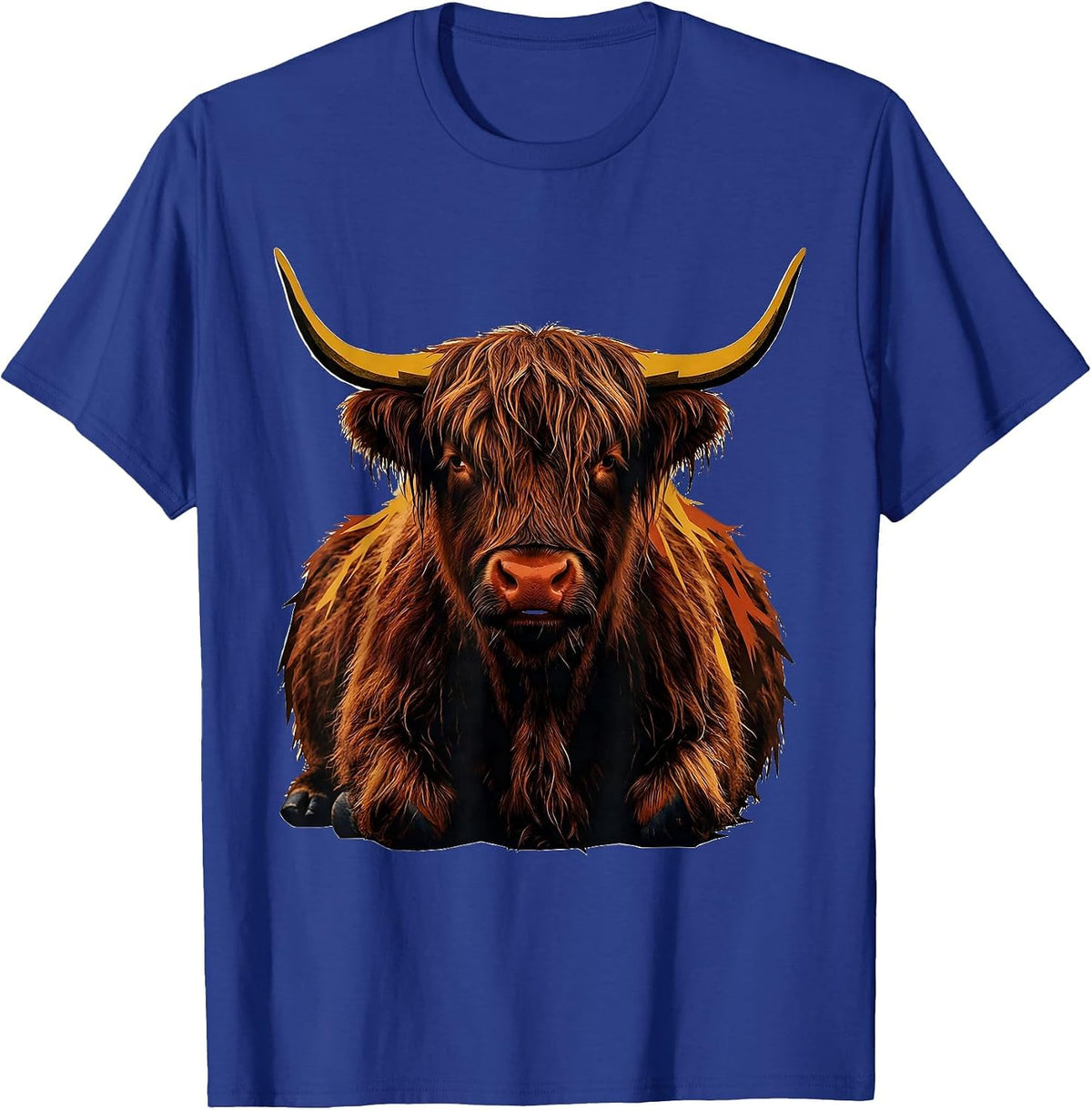 Men's Seated Highland Cow Screenprint Poster Cute Cow Lover T-Shirt - Royal Blue