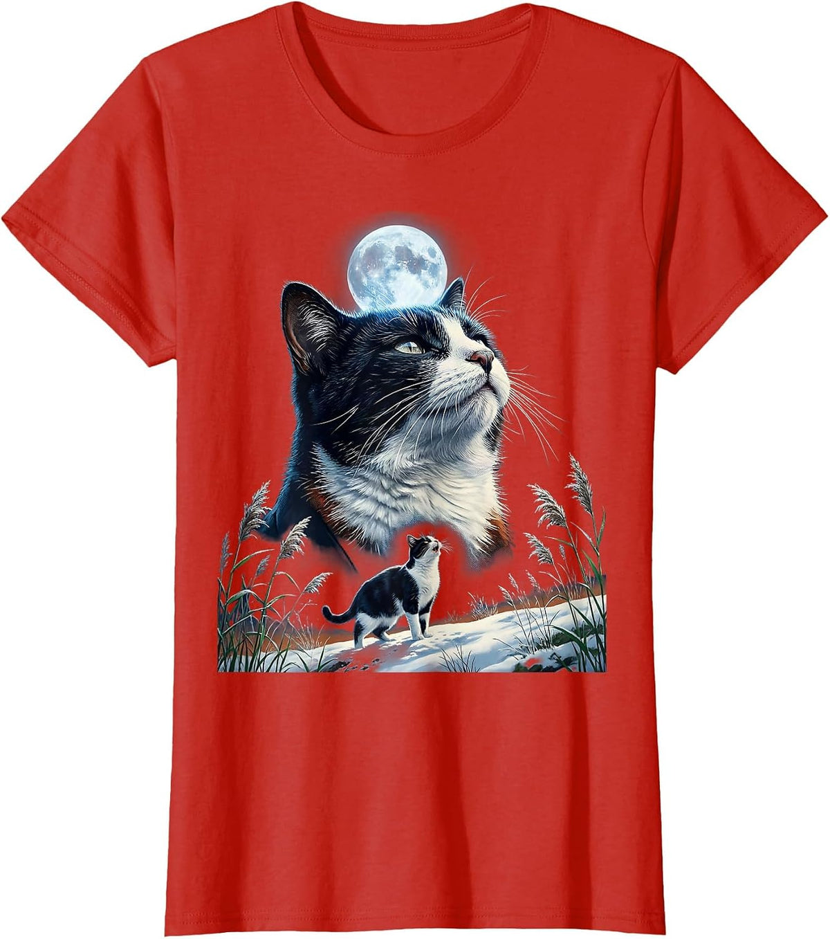 Tuxedo Cat Howling at Moon 90's Retro T-Shirt - Red
