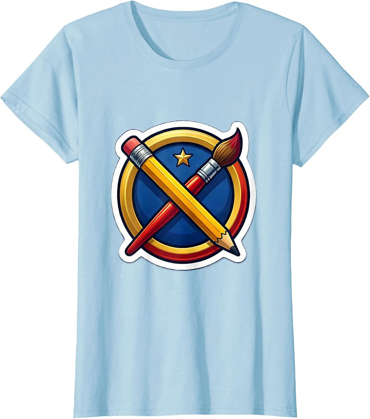 Pencil and Paintbrush Crossed Like Swords Art T-Shirt - Baby Blue