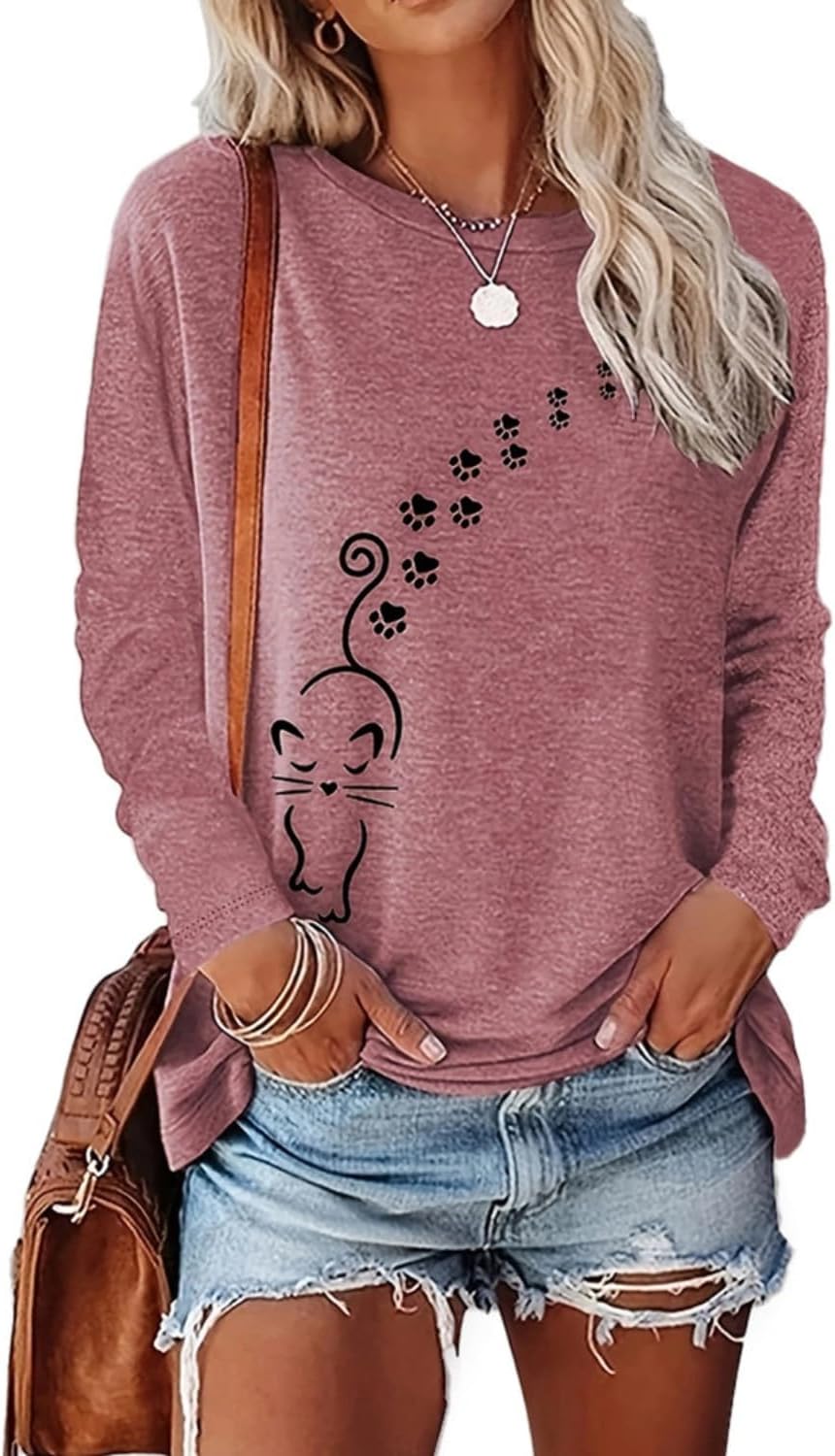 Women's Long Sleeve tees Cat Mom Graphic Tee Shirts Pullover Tops - Brick Red