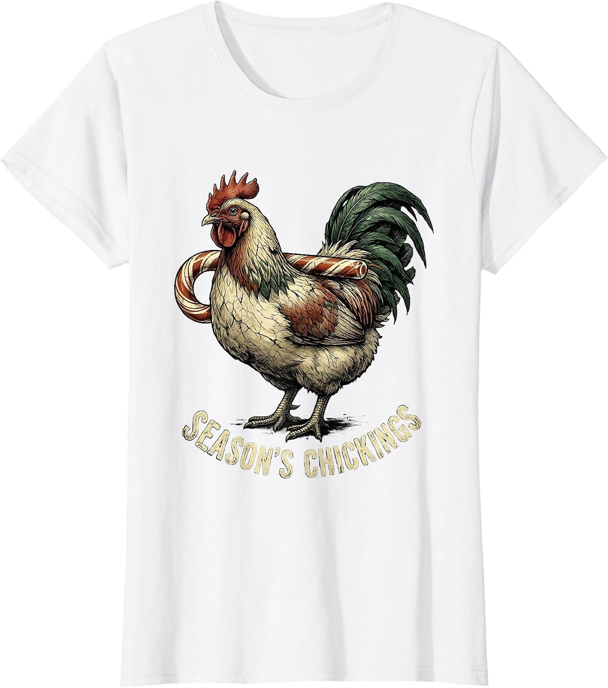 Women's Season's Chickings Distressed Chicken Lover Christmas Humor T-Shirt - White