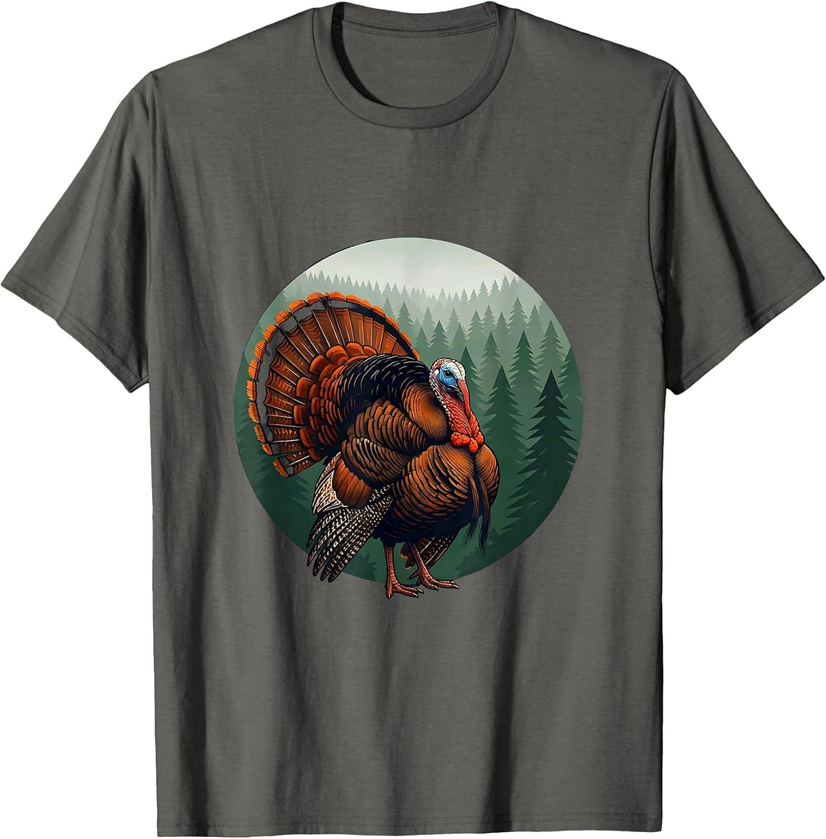 Men's Turkey Strutting Through Pine Forest Illustration T-Shirt - Asphalt Grey