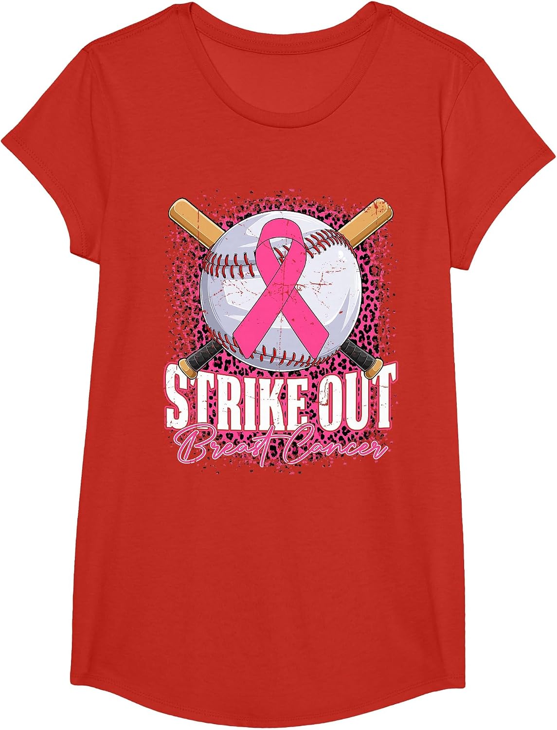 Strike Out Breast Cancer Baseball Ball & Pink Ribbon Women T-Shirt - Girls Red