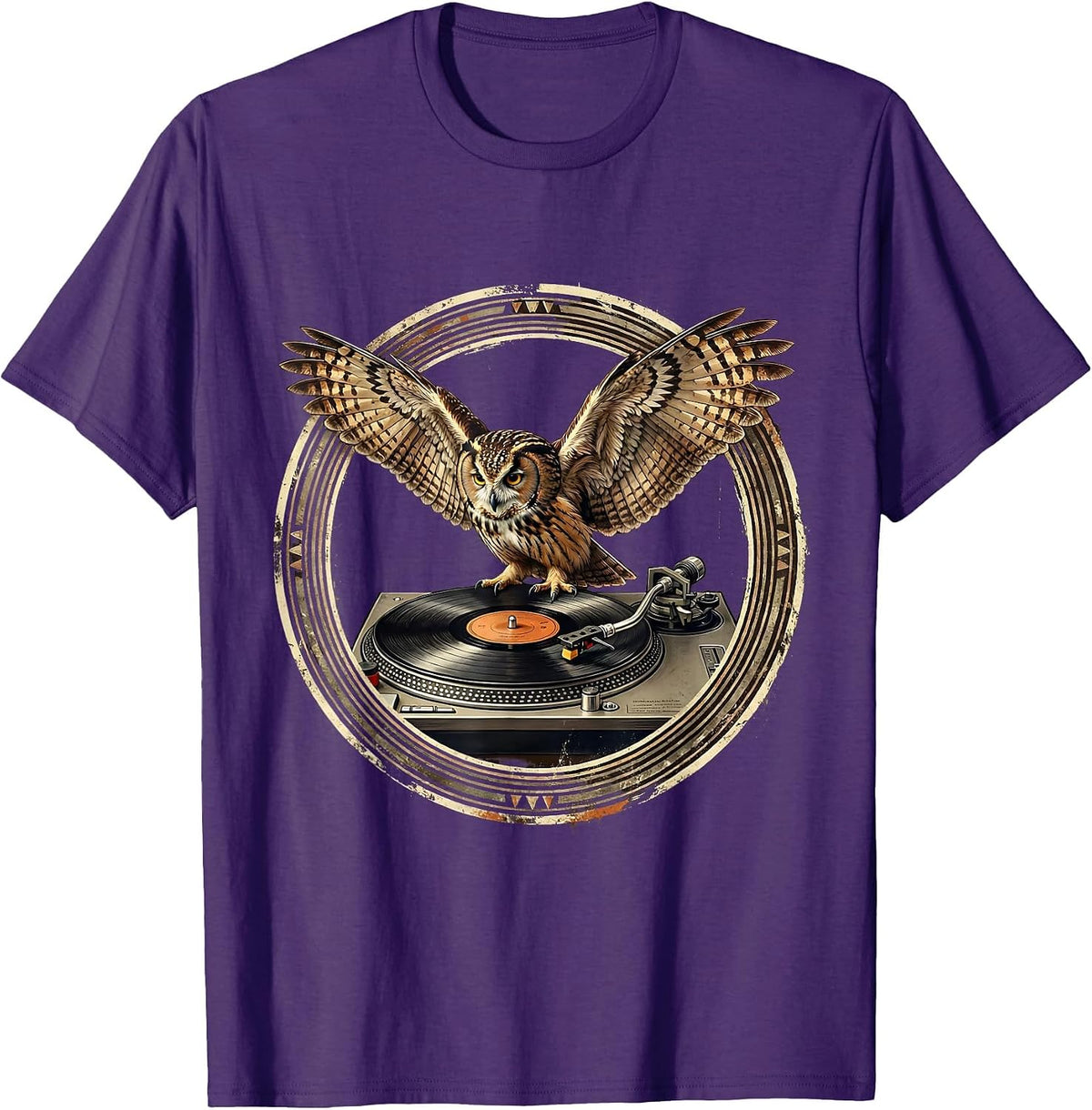 Men's Hip Hop Owl DJ Vintage Turntable Illustration T-Shirt - Purple