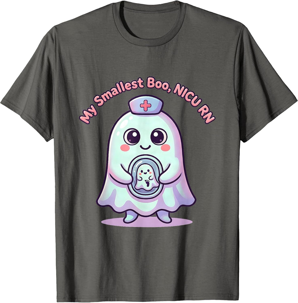 My Smallest Boo NICU RN Cute Kawaii Ghost Halloween Nurse T-Shirt - Asphalt Grey