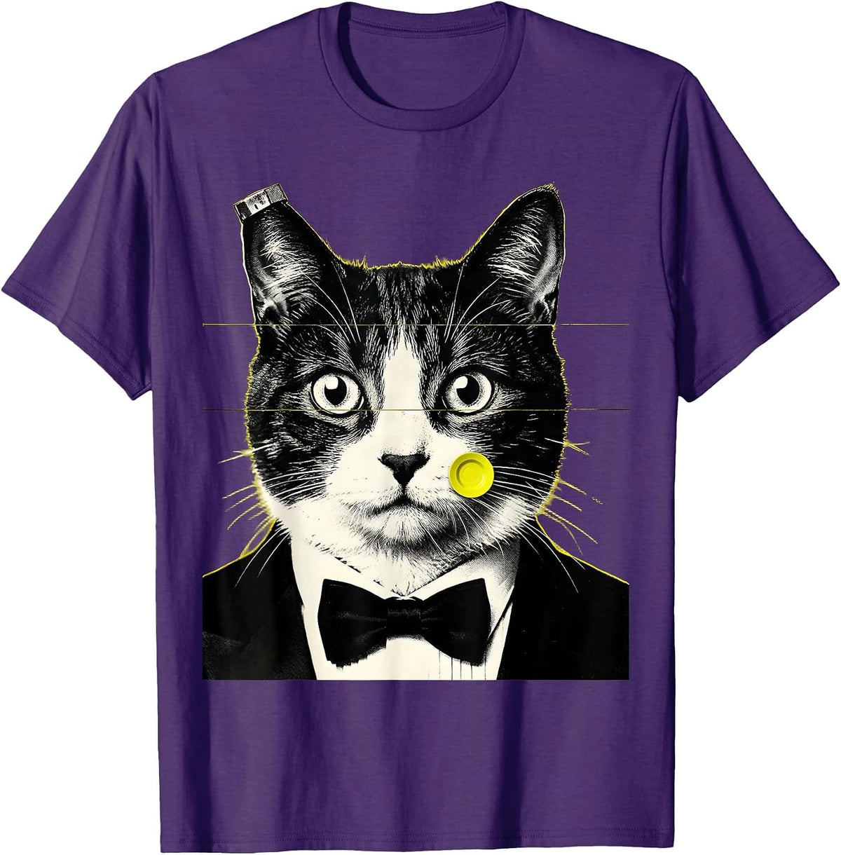 Men's Monumental Tuxedo Cat UFO Screenprint Poster Novelty T-Shirt - Purple