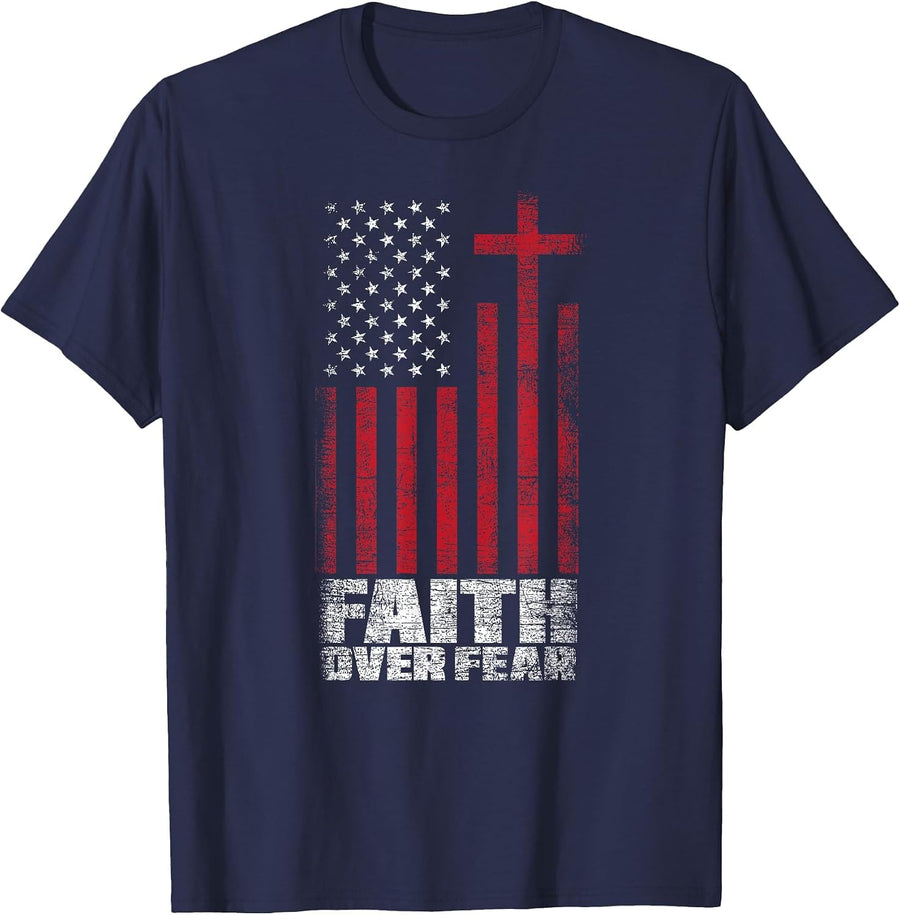 America Pride Faith Over Fear USA Flag Prayer T-Shirt - Navy Blue