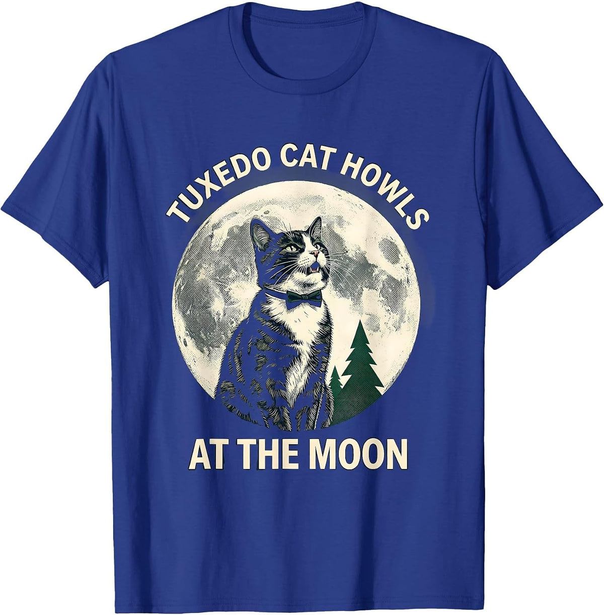 Men's Tuxedo Cat Howls at the Moon 90's Retro Novelty T-Shirt - Royal Blue