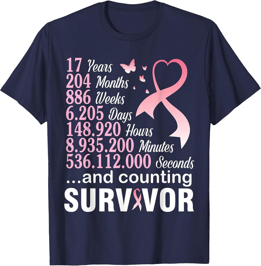 17 Years 204 Months & Counting Survivor Fight Breast Cancer T-Shirt - Navy Blue